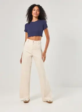 Calça Sarja Wide Leg Com Elastano
