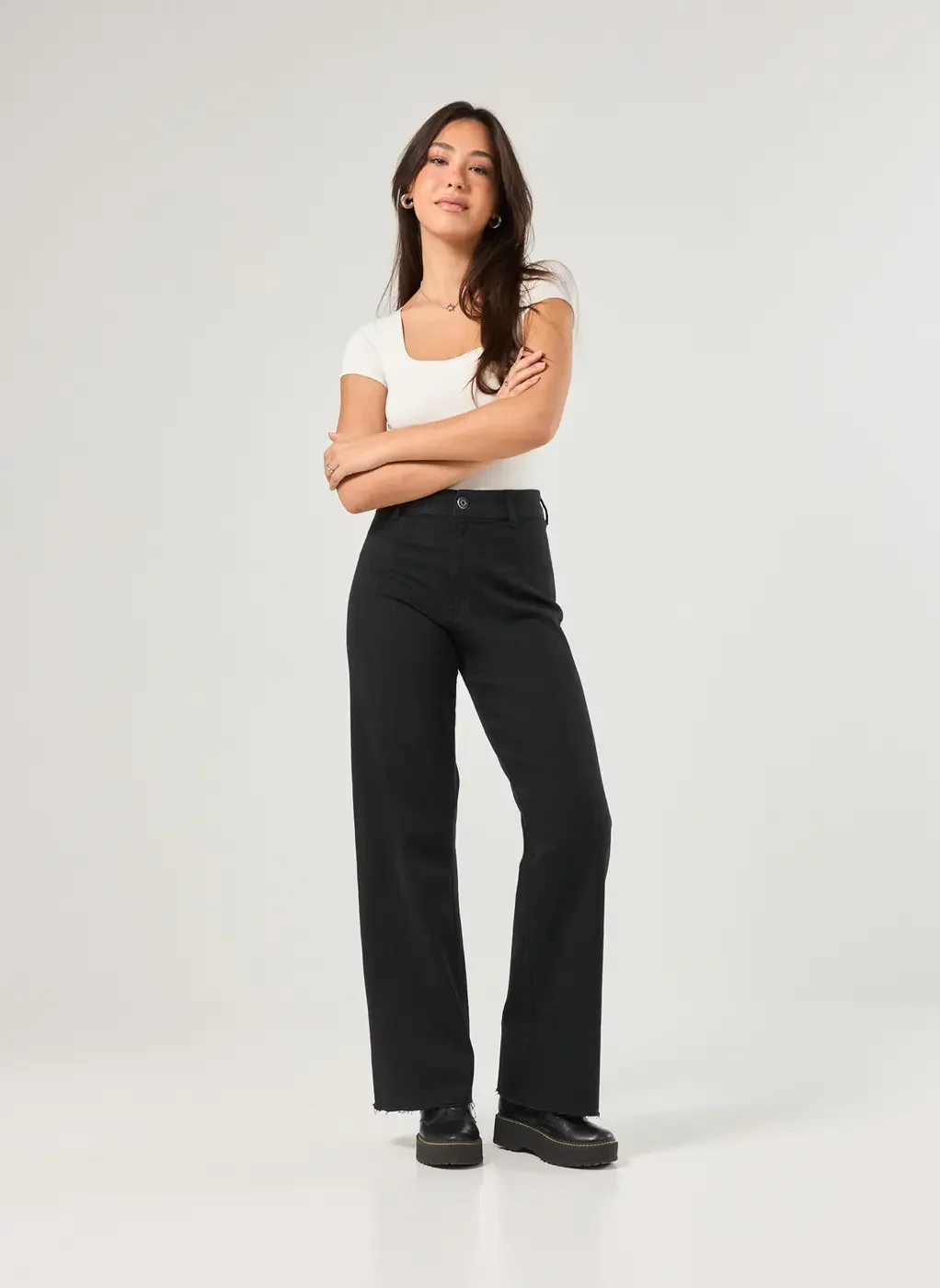 Calça Sarja Wide Leg Com Elastano