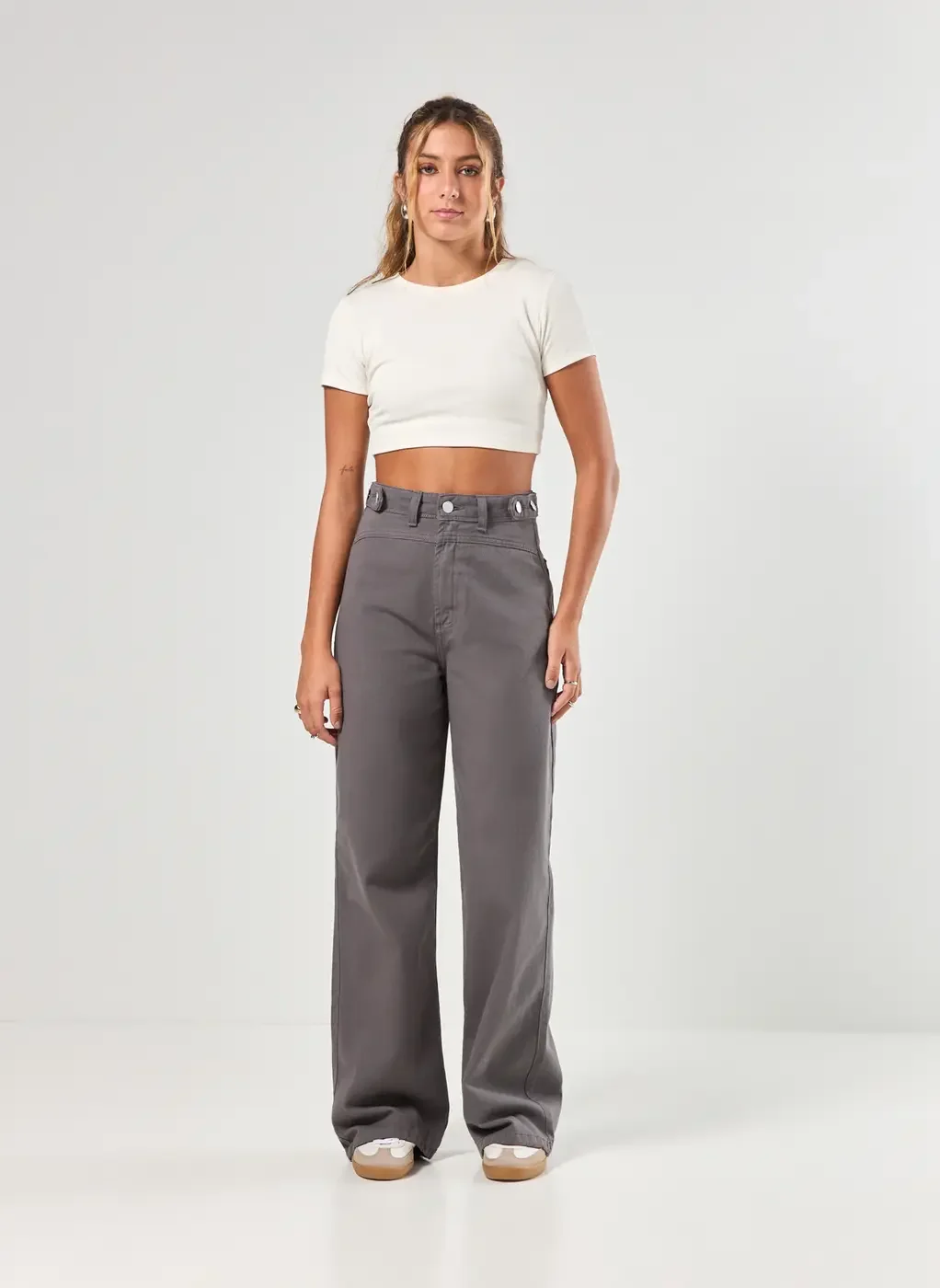 Calça Sarja Wide Leg Cós Com Botões