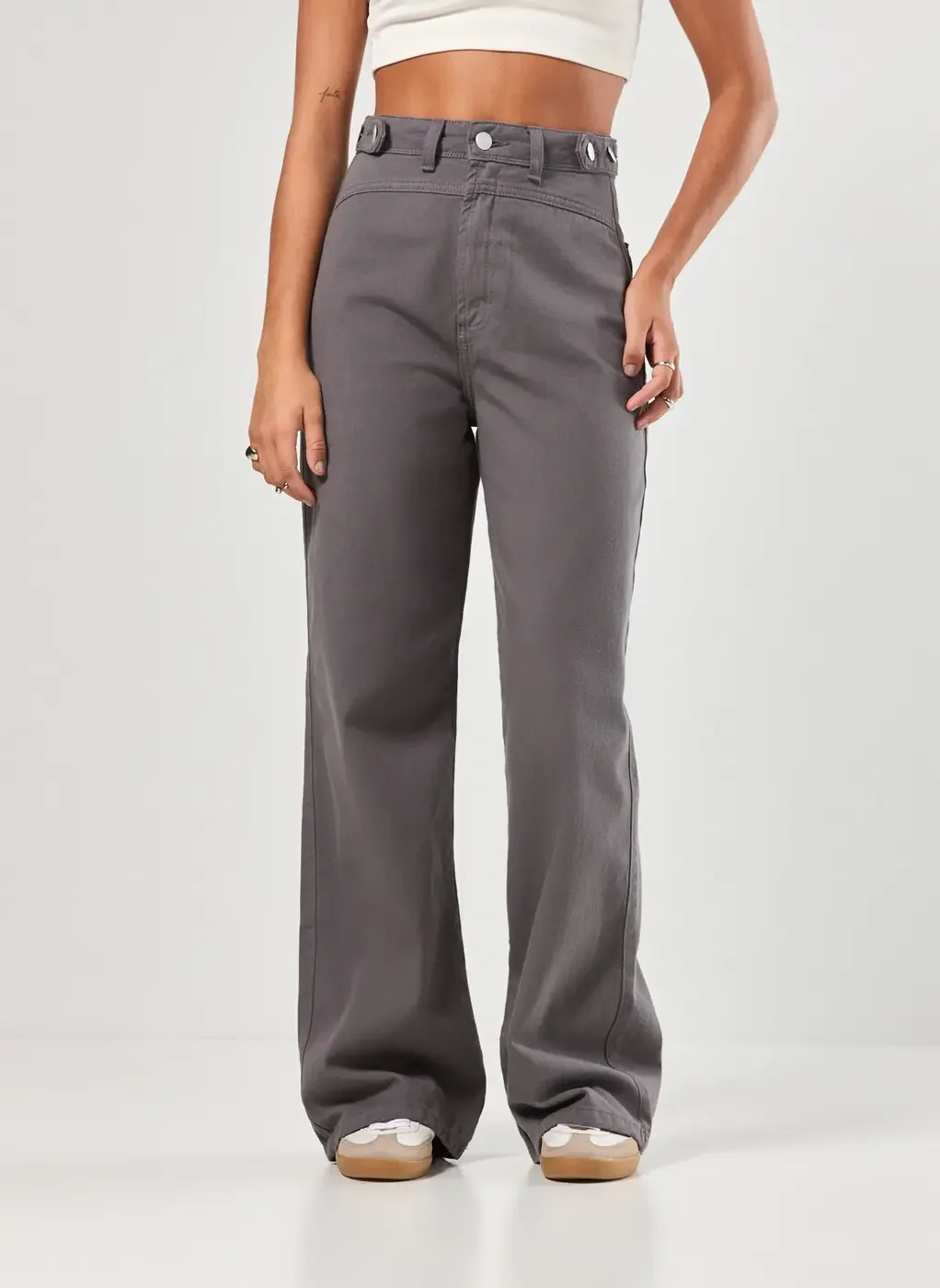 Calça Sarja Wide Leg Cós Com Botões