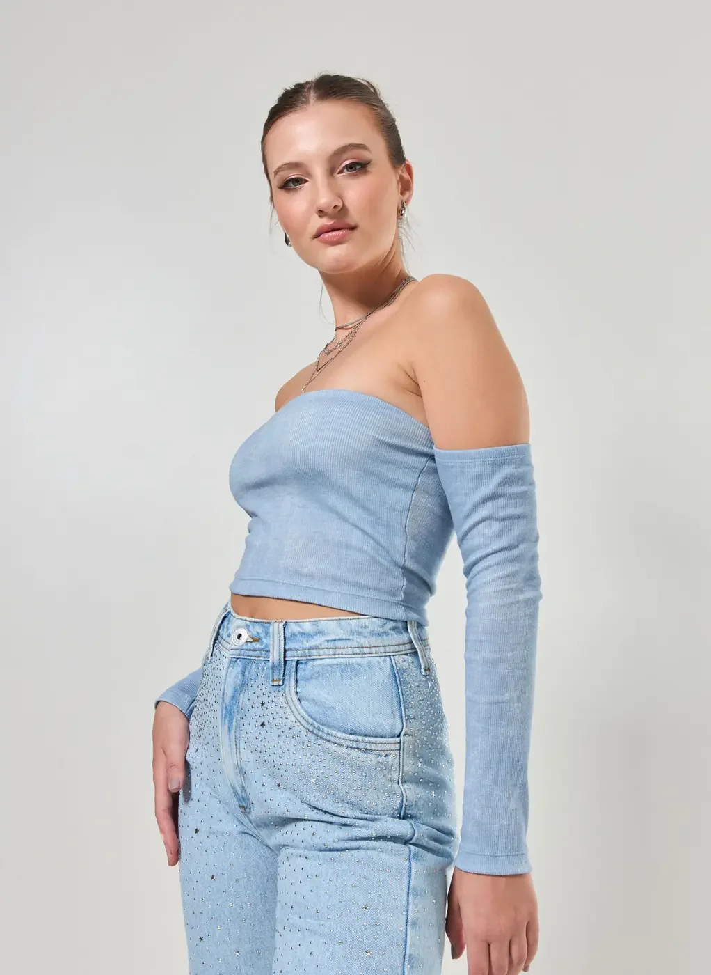 Cropped Azul Estonado Ombro A Ombro