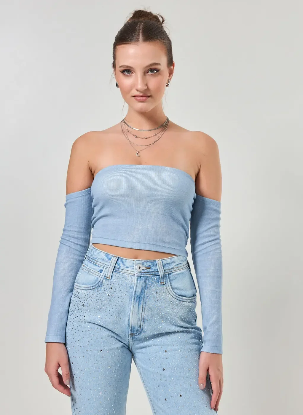 Cropped Azul Estonado Ombro A Ombro