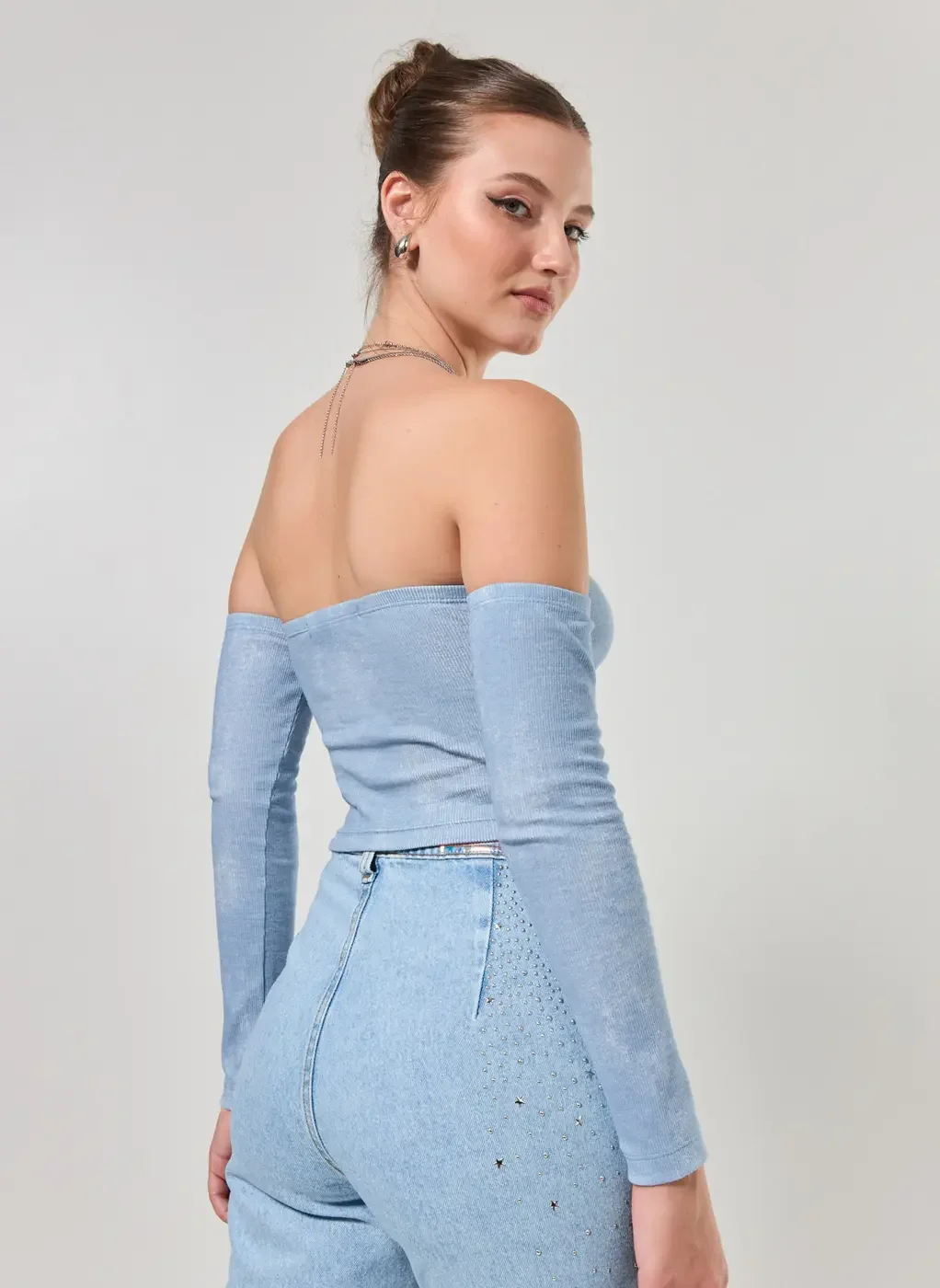 Cropped Azul Estonado Ombro A Ombro