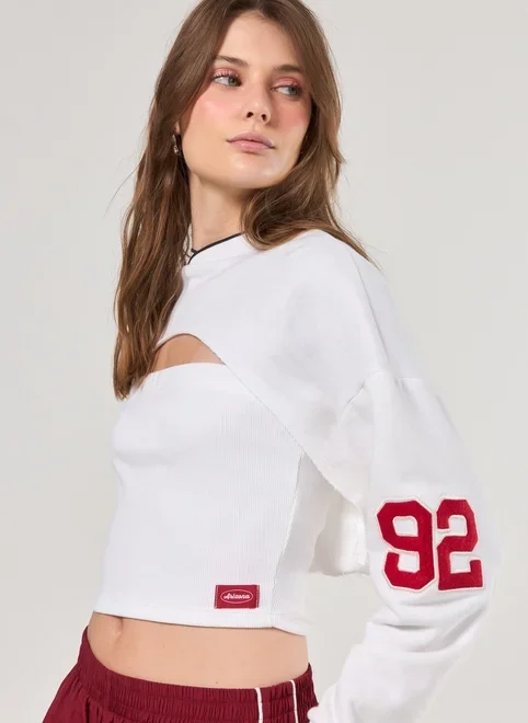 Blusa Manga Longa Recortes Com Top