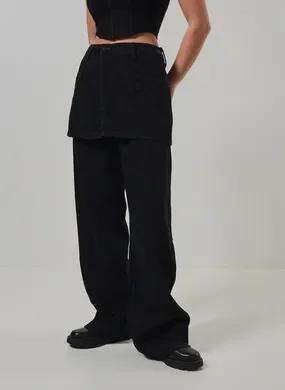 Calça Jeans Wide Leg Com Saia Removível