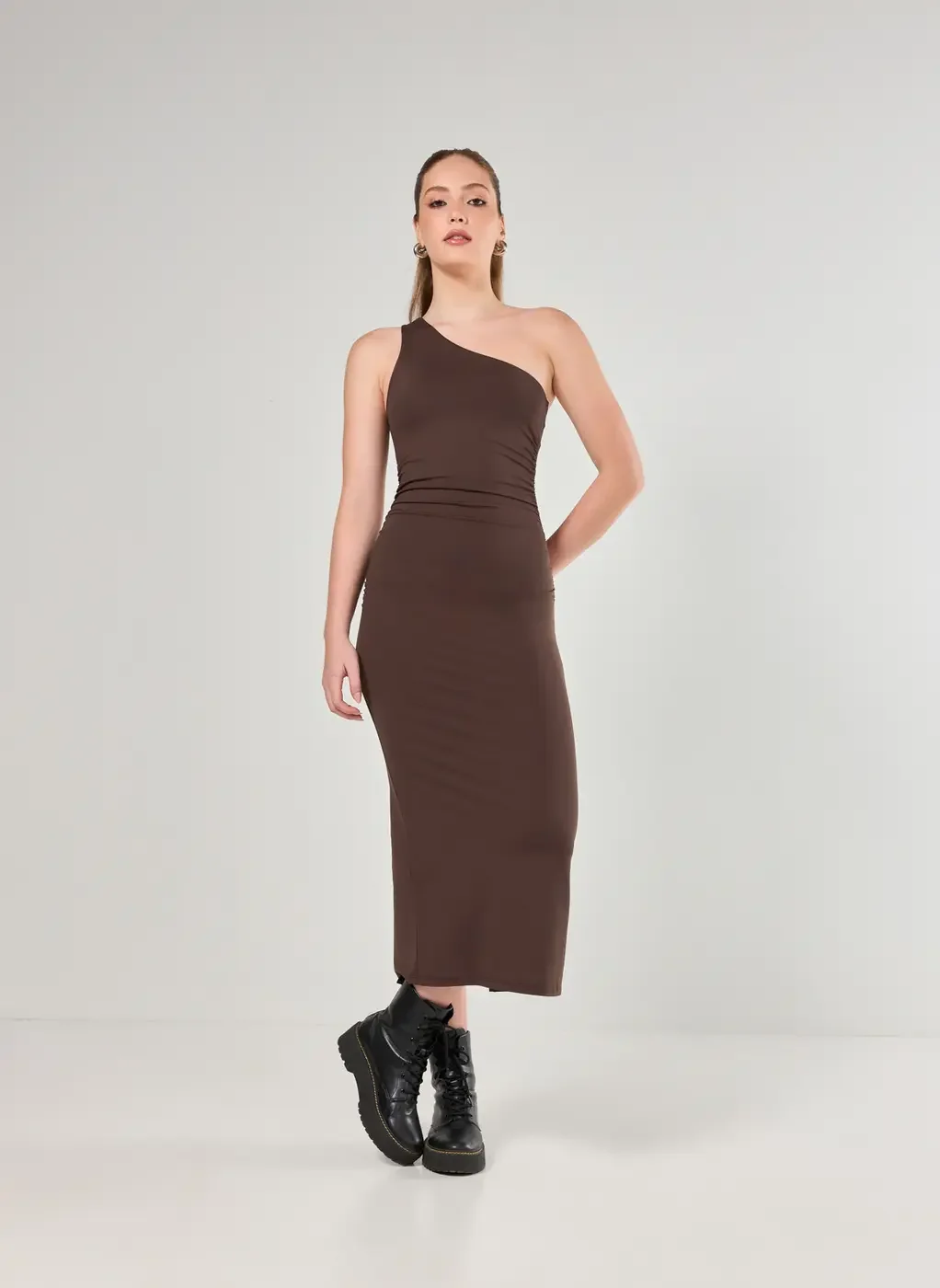 Vestido Midi Poliamida Ombro Único