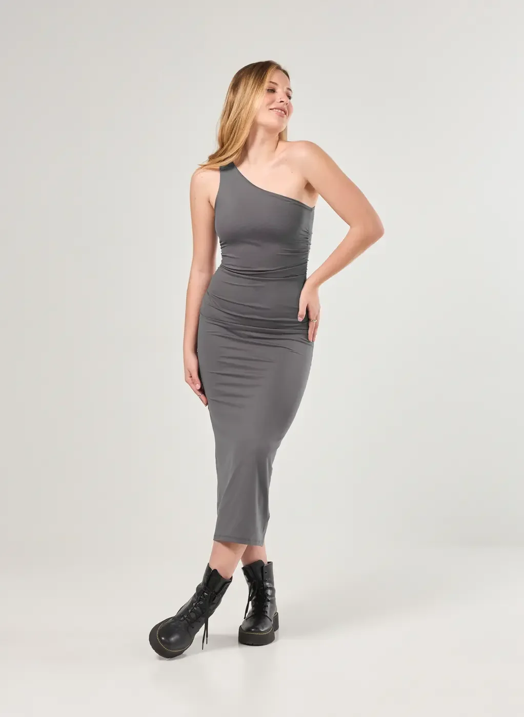 Vestido Midi Poliamida Ombro Único