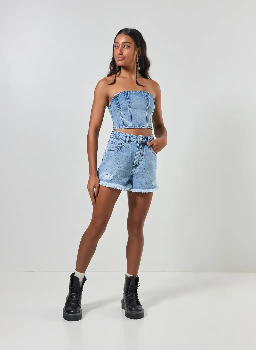 Cropped Jeans Corselet Brilho