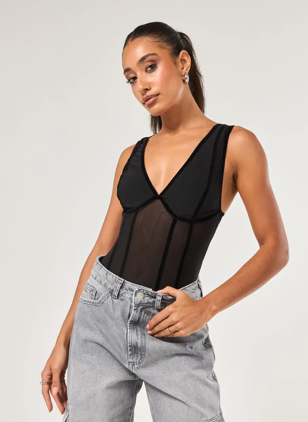 Body Preto Transparência E Veludo