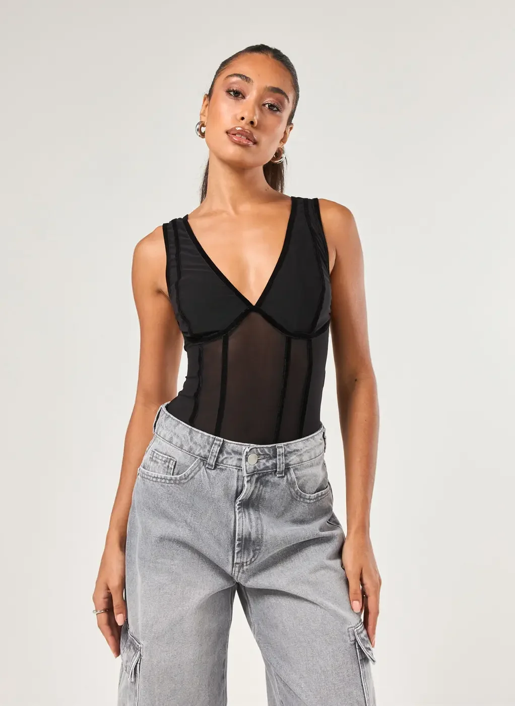 Body Preto Transparência E Veludo