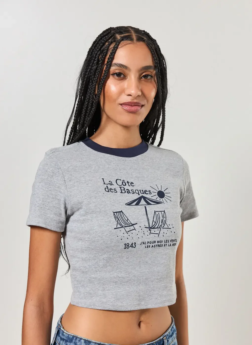 Mini Tee Cinza Praia Gola Azul