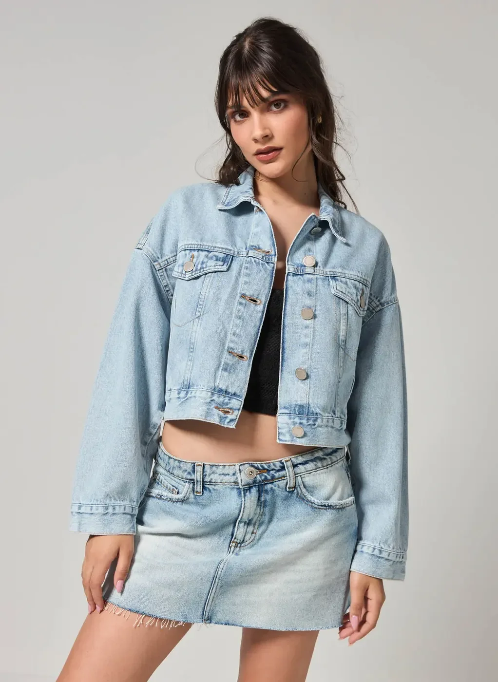 Jaqueta Jeans Cropped Com Bolso
