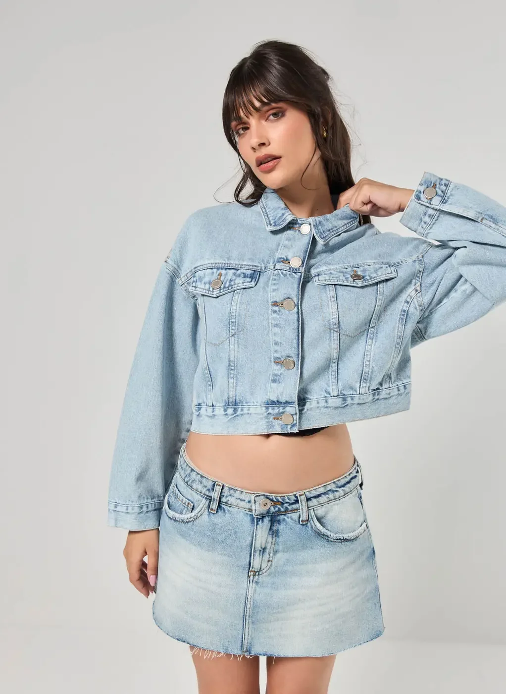 Jaqueta Jeans Cropped Com Bolso