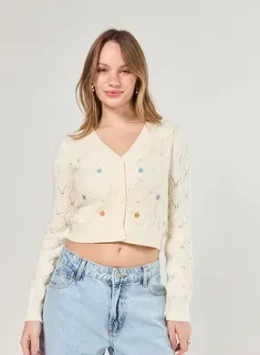 Cardigan Tricô Off-White Com Flores Coloridas