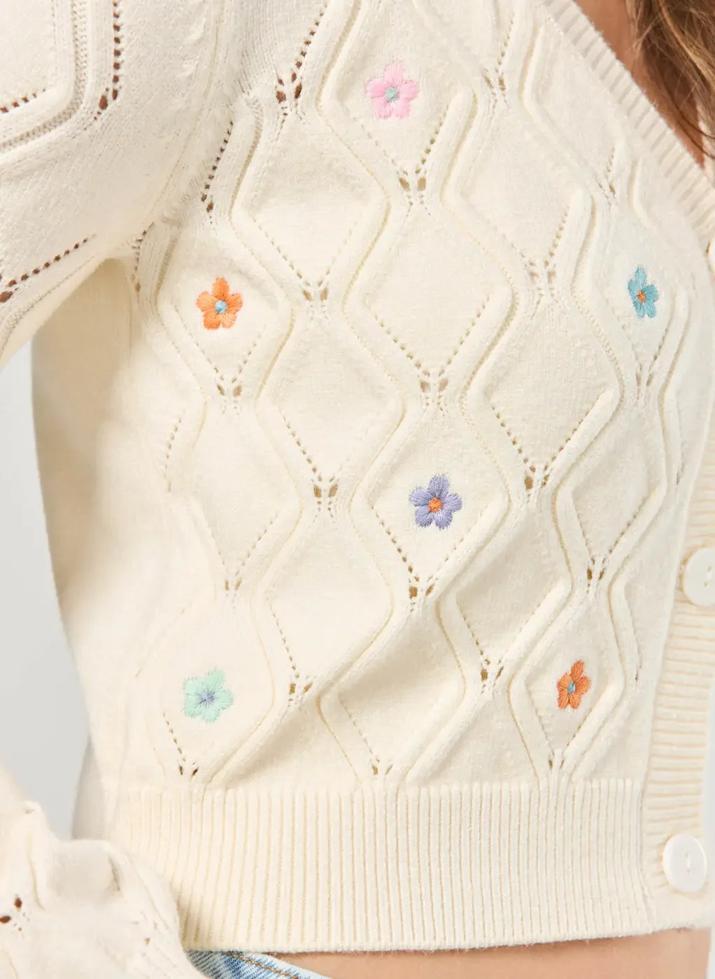 Cardigan Tricô Off-White Com Flores Coloridas