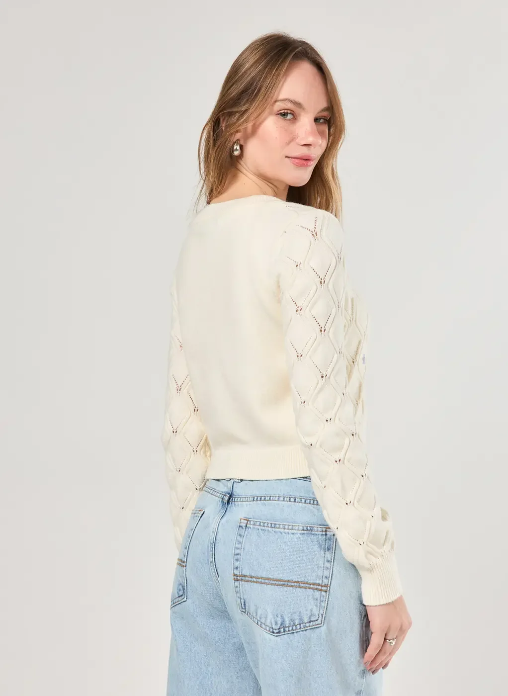 Cardigan Tricô Off-White Com Flores Coloridas