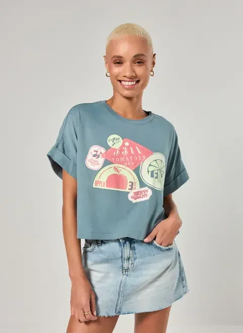 Camiseta Cropped Verde Frutinhas