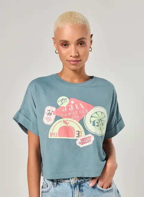 Camiseta Cropped Verde Frutinhas