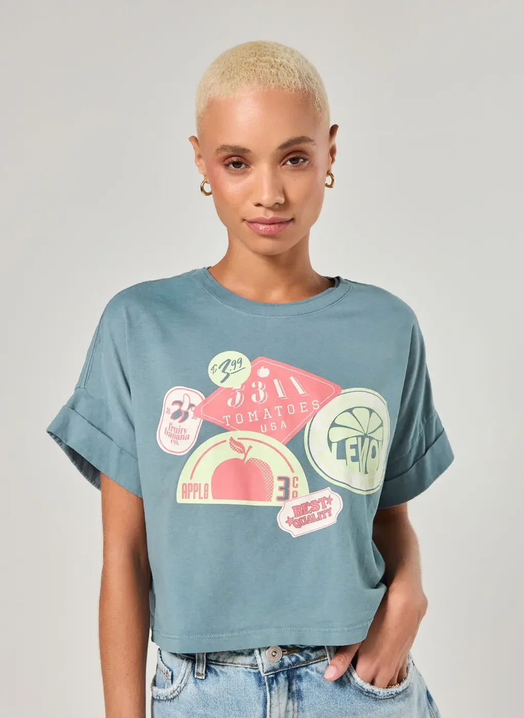 Camiseta Cropped Verde Frutinhas