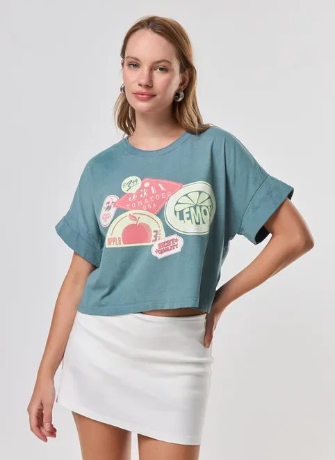 Camiseta Cropped Verde Frutinhas