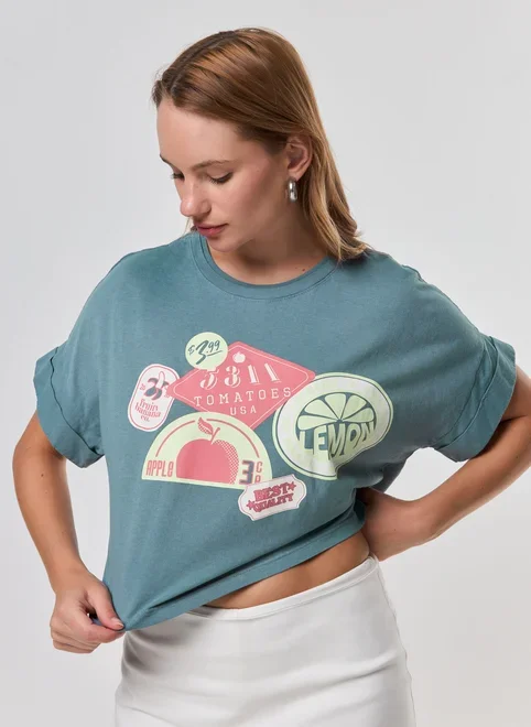 Camiseta Cropped Verde Frutinhas
