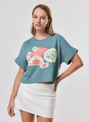 Camiseta Cropped Verde Frutinhas