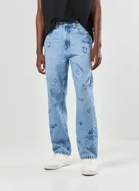 Calça Jeans Reta Com Desenhos