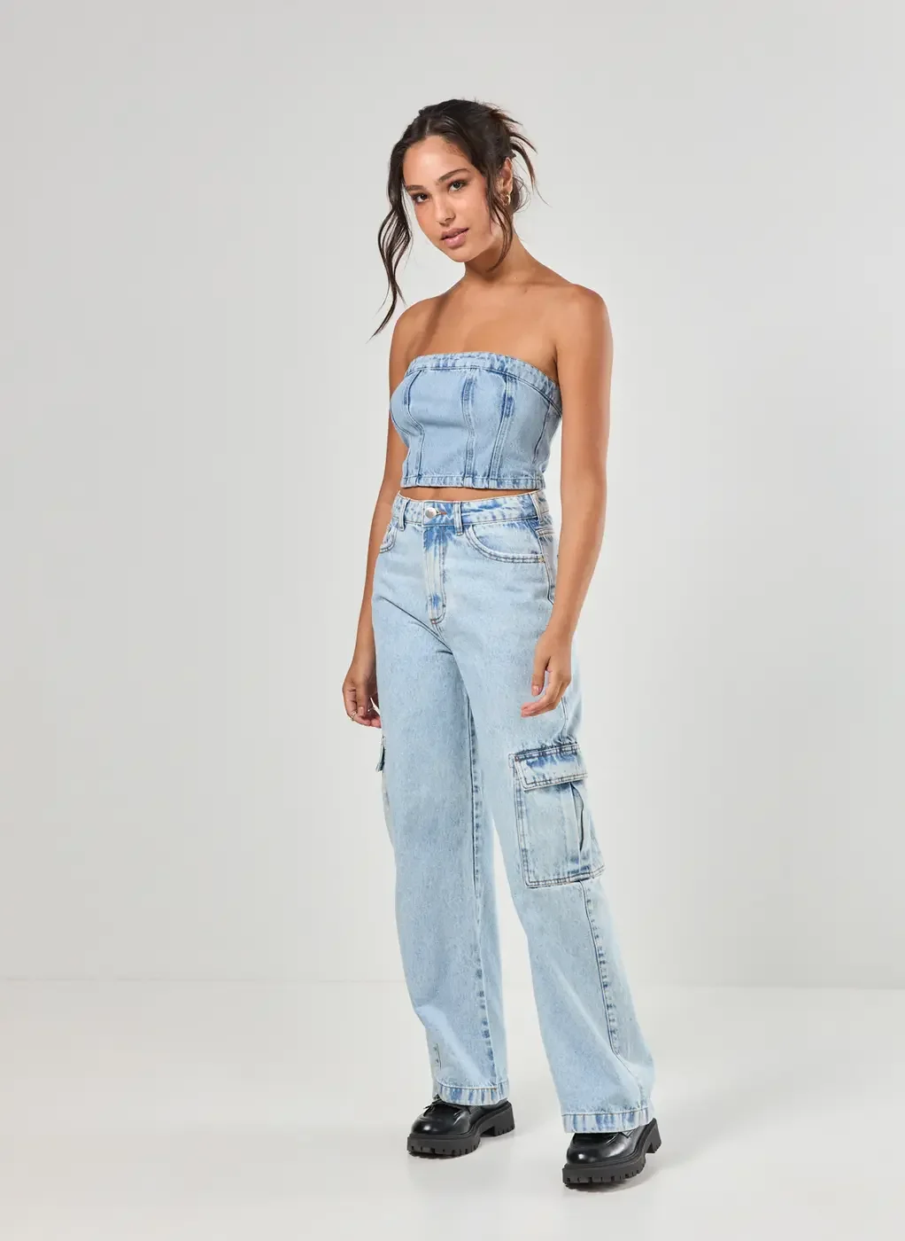 Cropped Jeans Claro Sem Alças