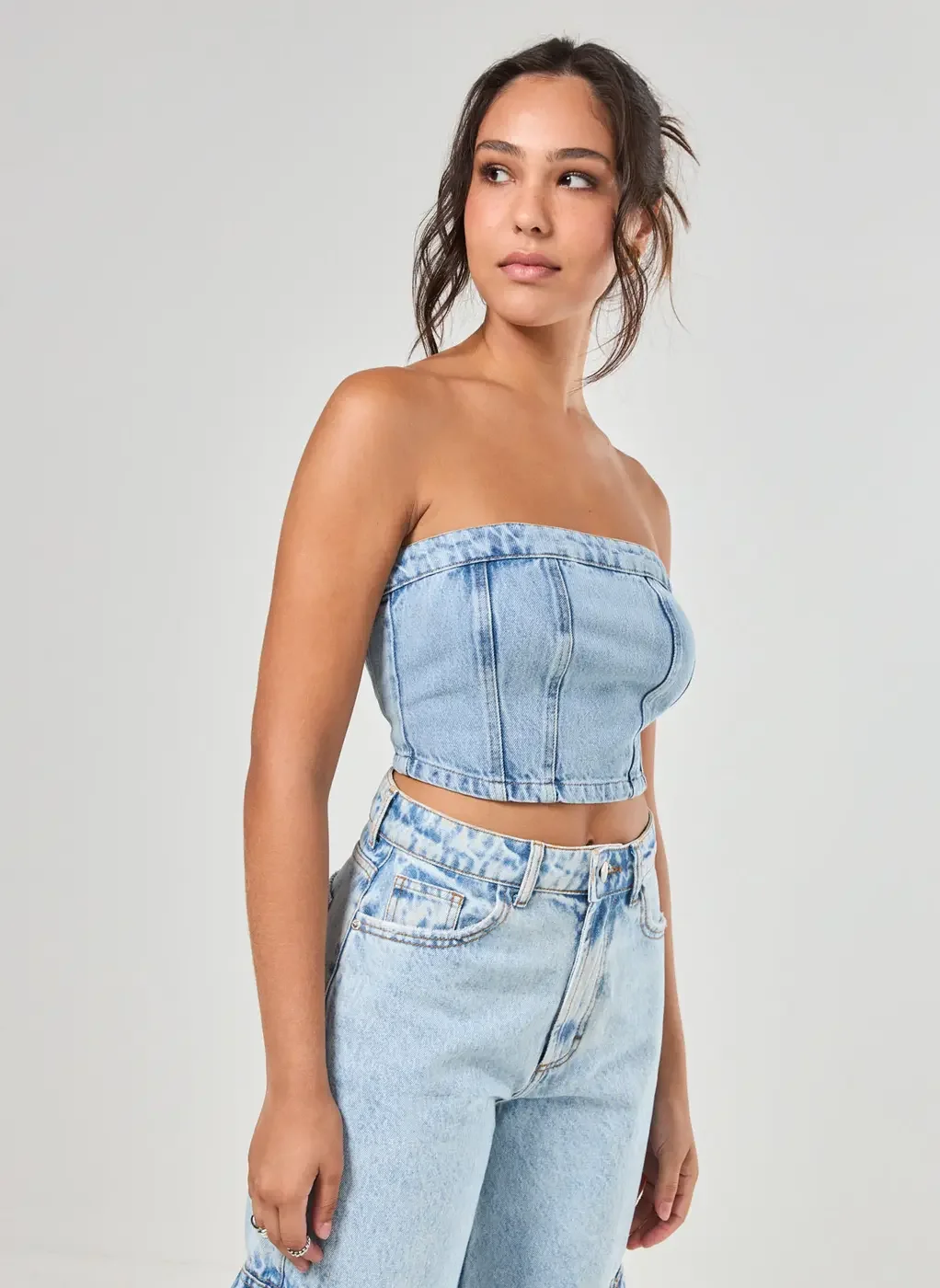 Cropped Jeans Claro Sem Alças