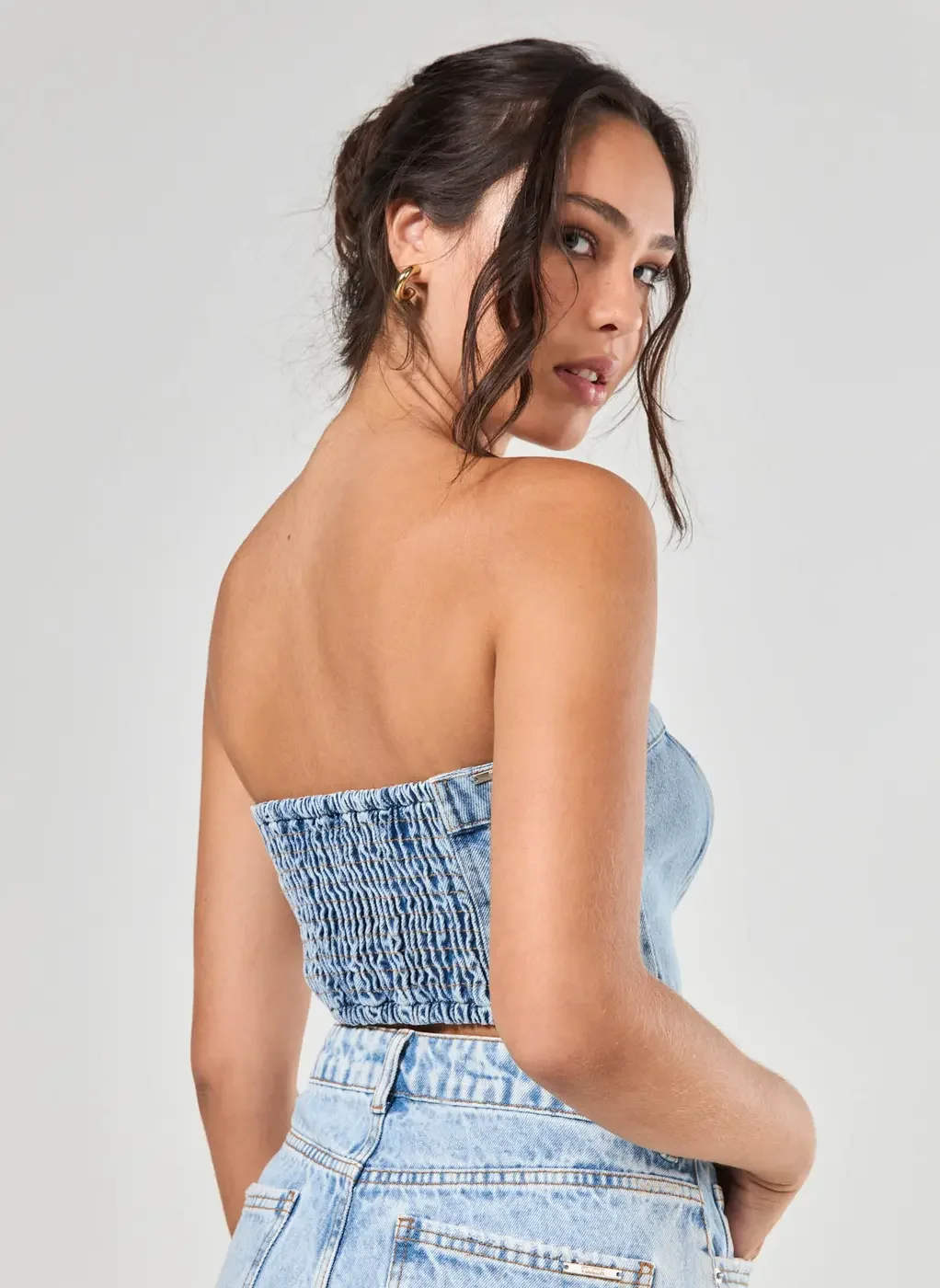 Cropped Jeans Claro Sem Alças