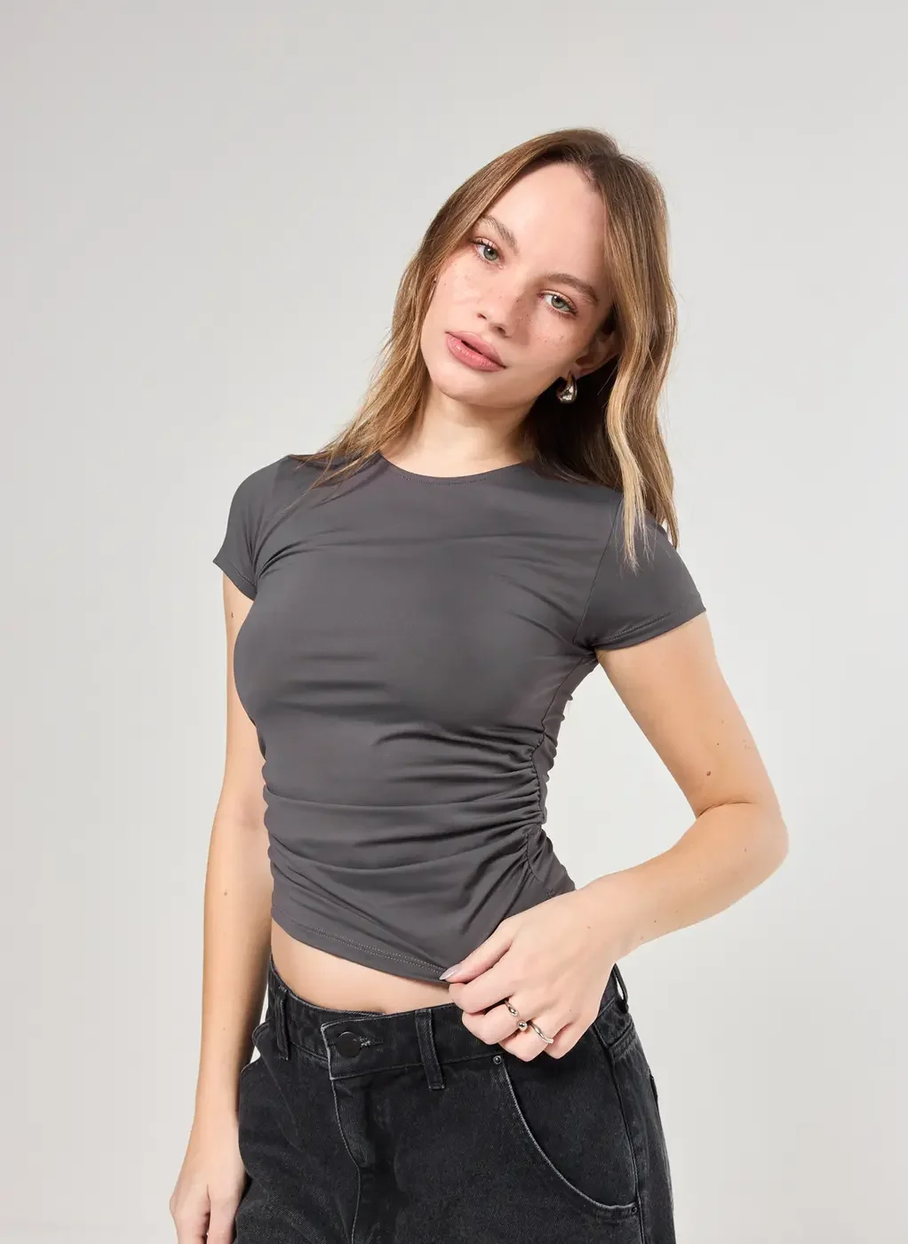 Blusa Manga Curta Poliamida Franzido