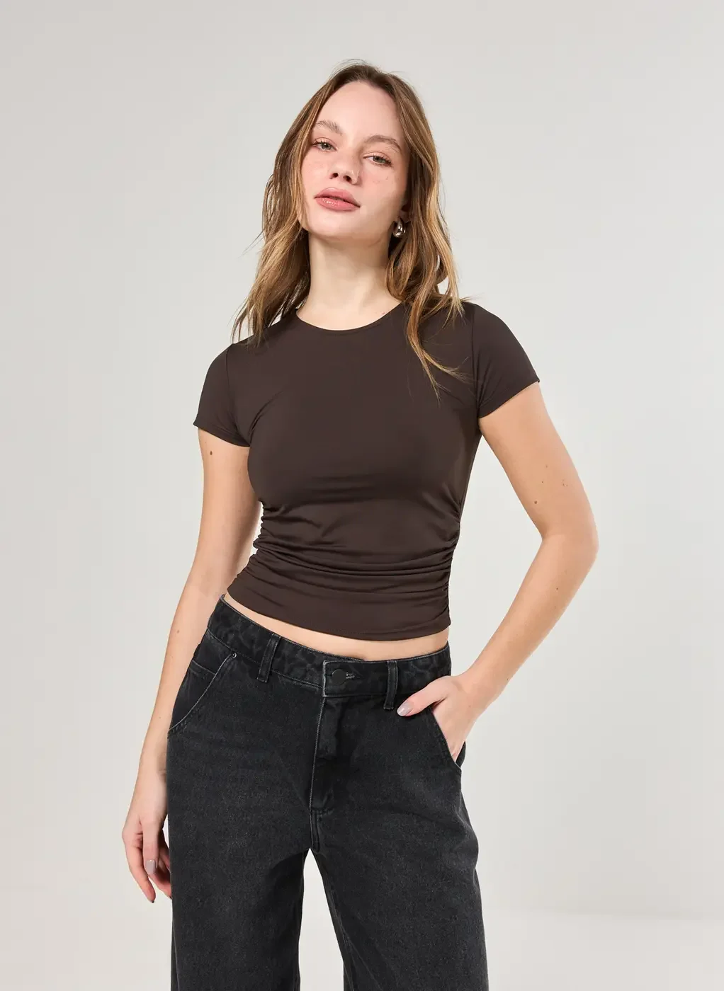 Blusa Manga Curta Poliamida Franzido