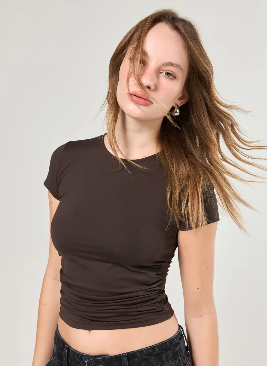 Blusa Manga Curta Poliamida Franzido