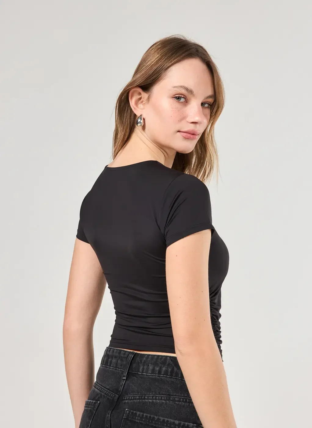 Blusa Manga Curta Poliamida Franzido