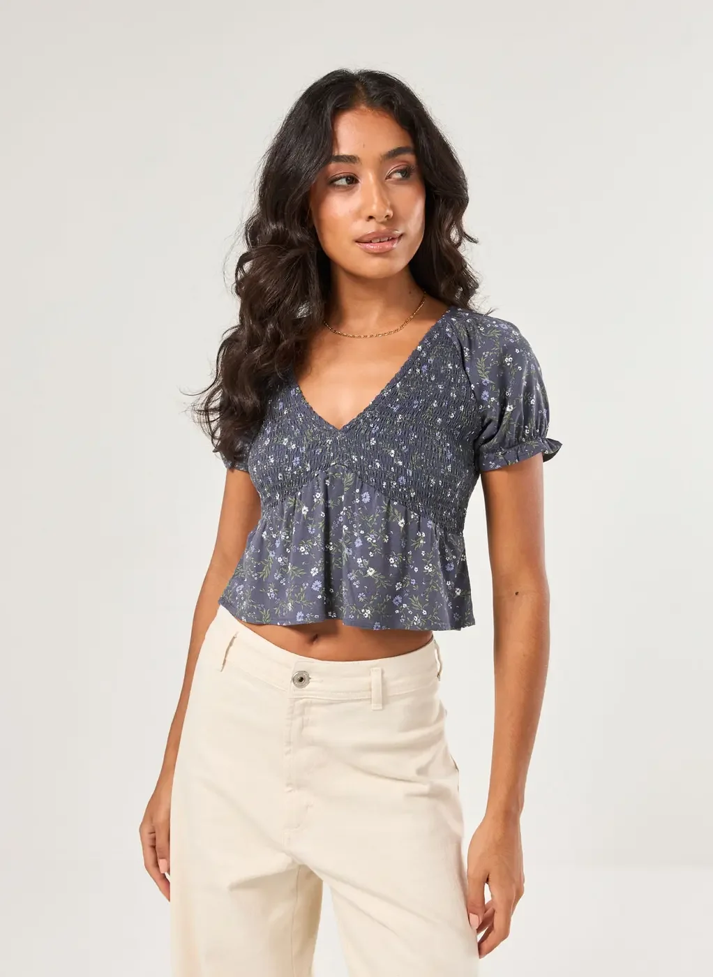 Blusa Azul Florida Com Lastex