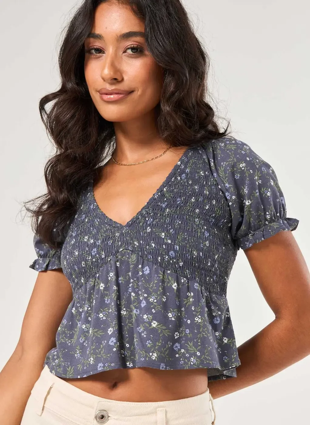 Blusa Azul Florida Com Lastex