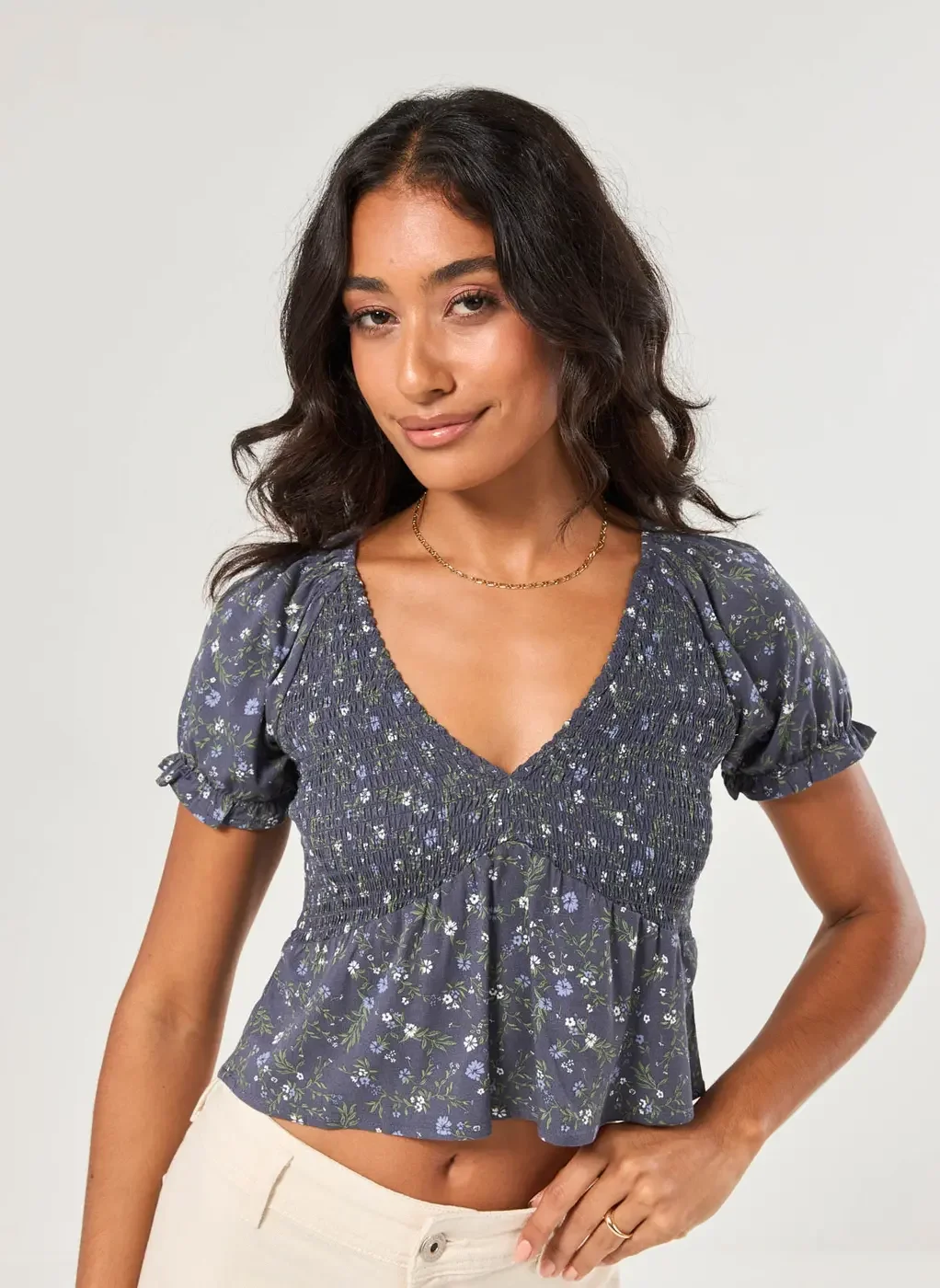 Blusa Azul Florida Com Lastex