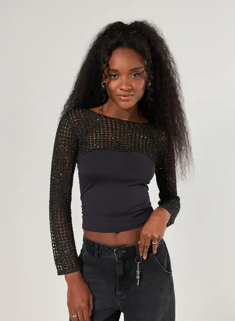 Super Cropped Tricô Com Brilho