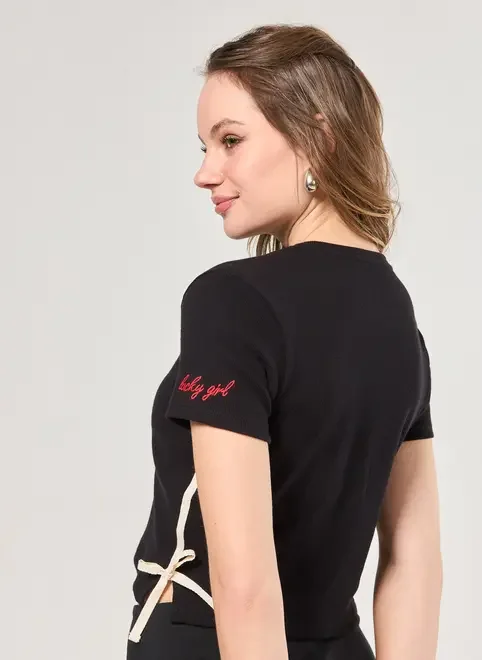 Blusa Preta Canelada Lucky Girl