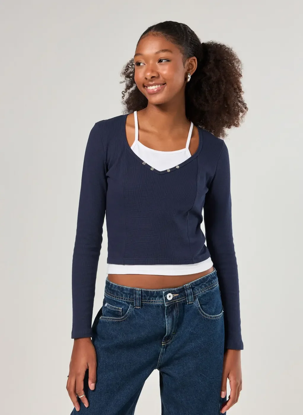 Blusa Manga Longa Sobreposição Waffle