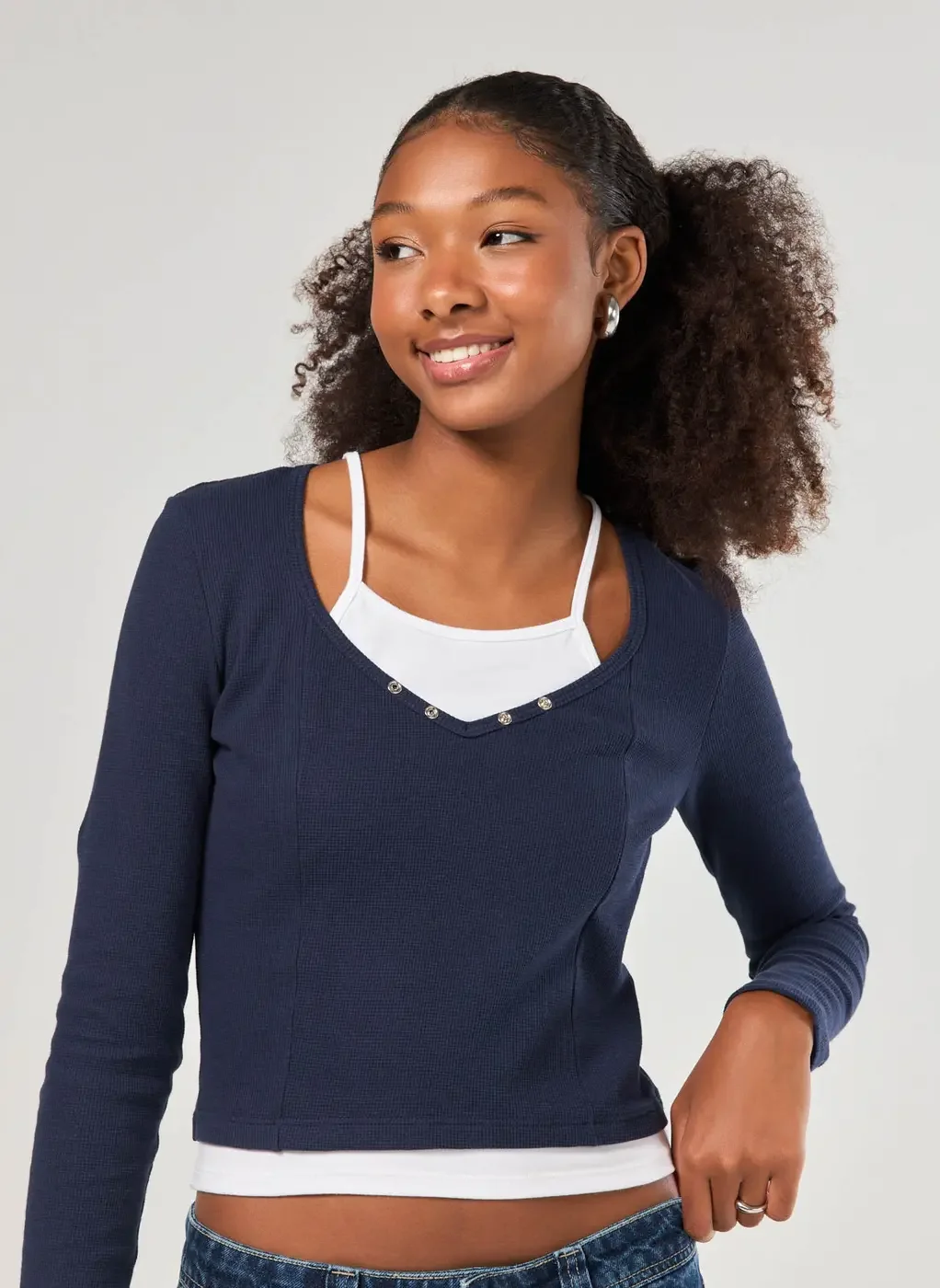 Blusa Manga Longa Sobreposição Waffle