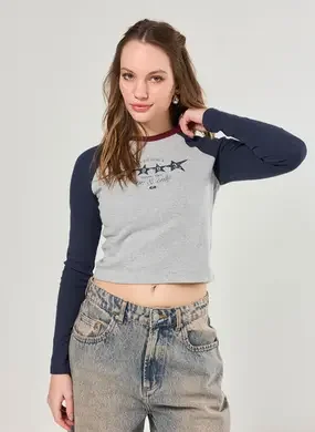 Blusa Manga Longa Raglan Azul E Mescla