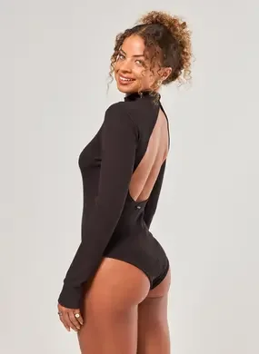 Body Manga Longa Preto Costas Abertas