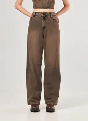 Calça Wide Leg Em Jeans Marrom