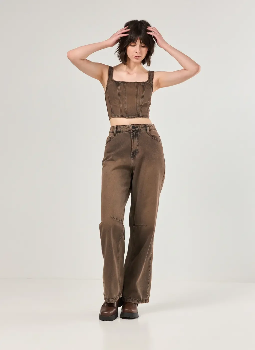 Calça Wide Leg Em Jeans Marrom