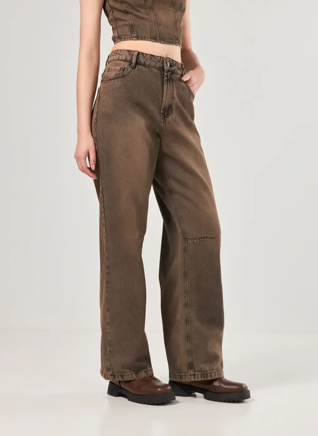 Calça Wide Leg Em Jeans Marrom