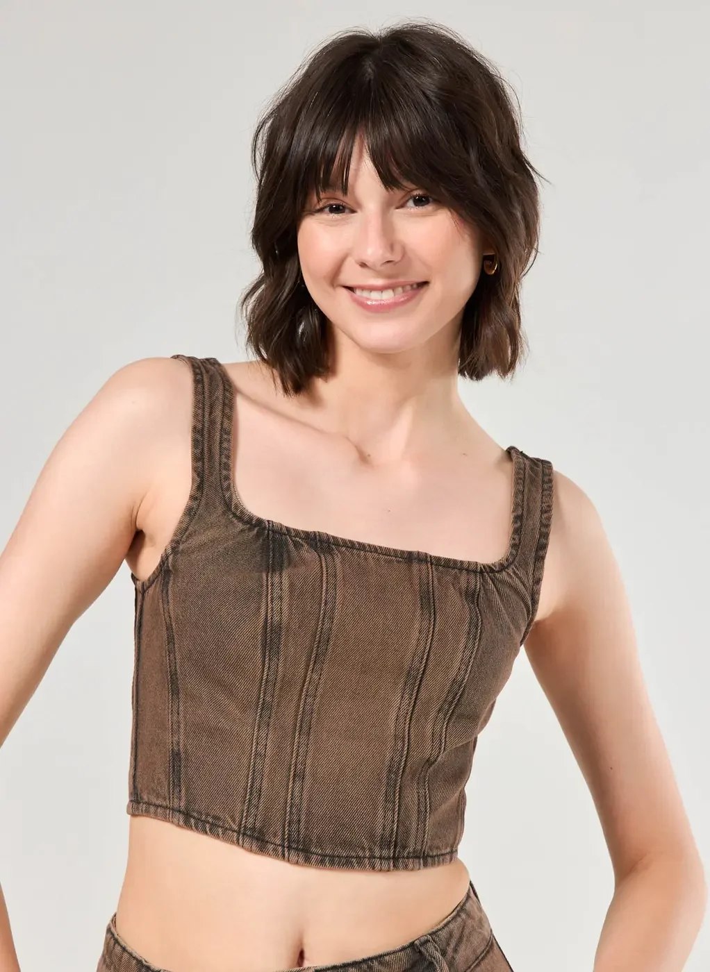 Cropped Corsetado Jeans Marrom