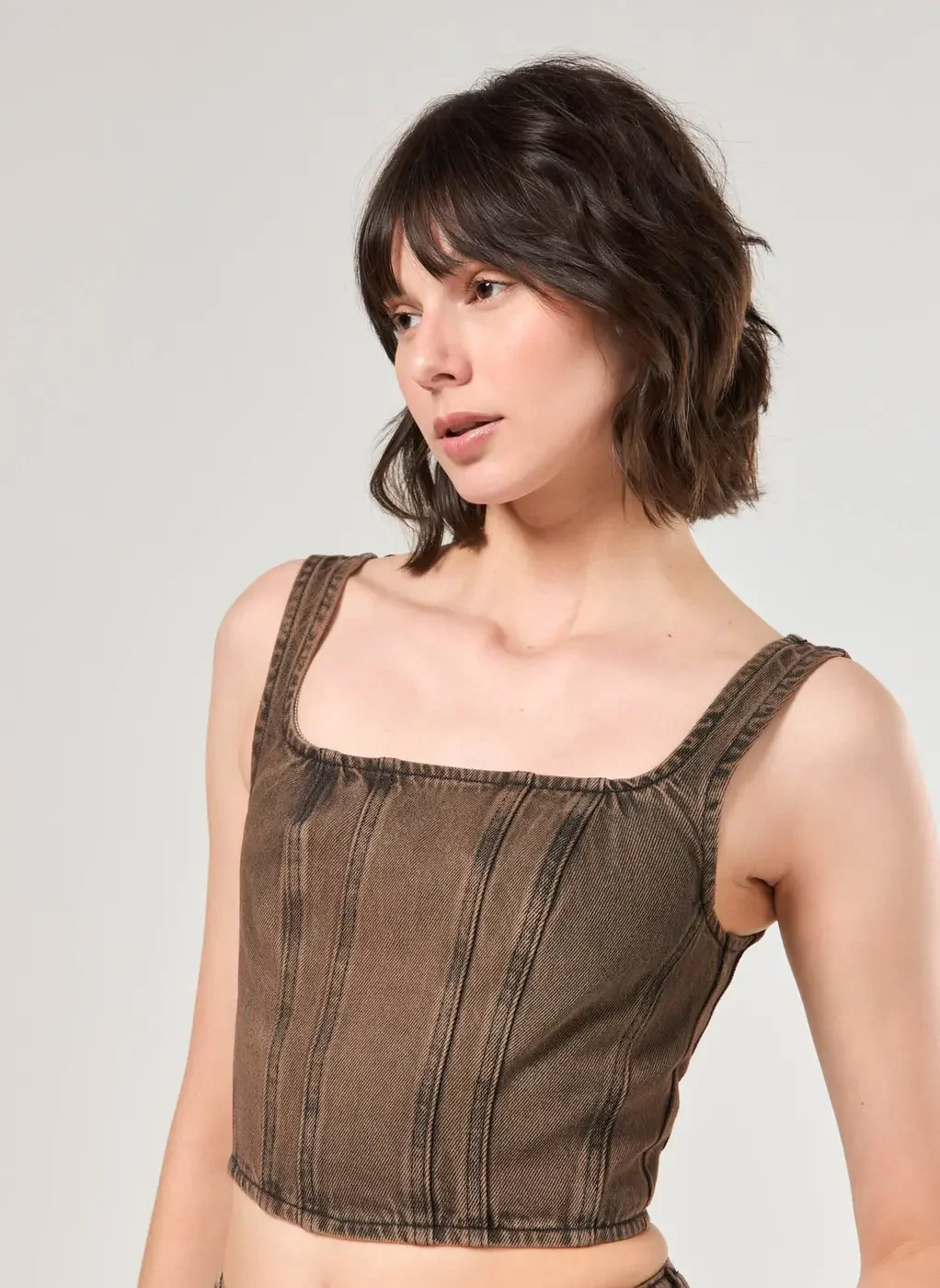 Cropped Corsetado Jeans Marrom