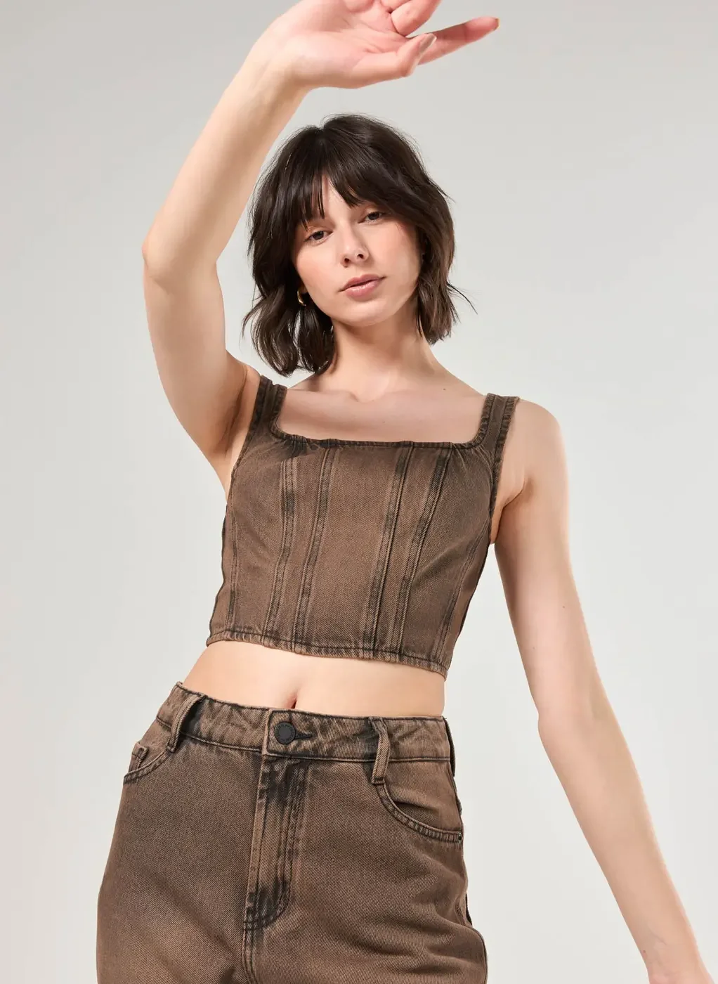 Cropped Corsetado Jeans Marrom