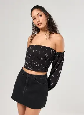 Cropped Manga Longa Preta Florida Lastex